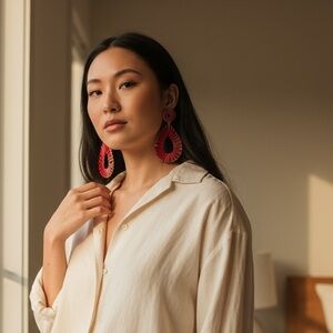 NEW• SO CHIC RED RAFFIA UNIQUE GOLDEN EARRINGS